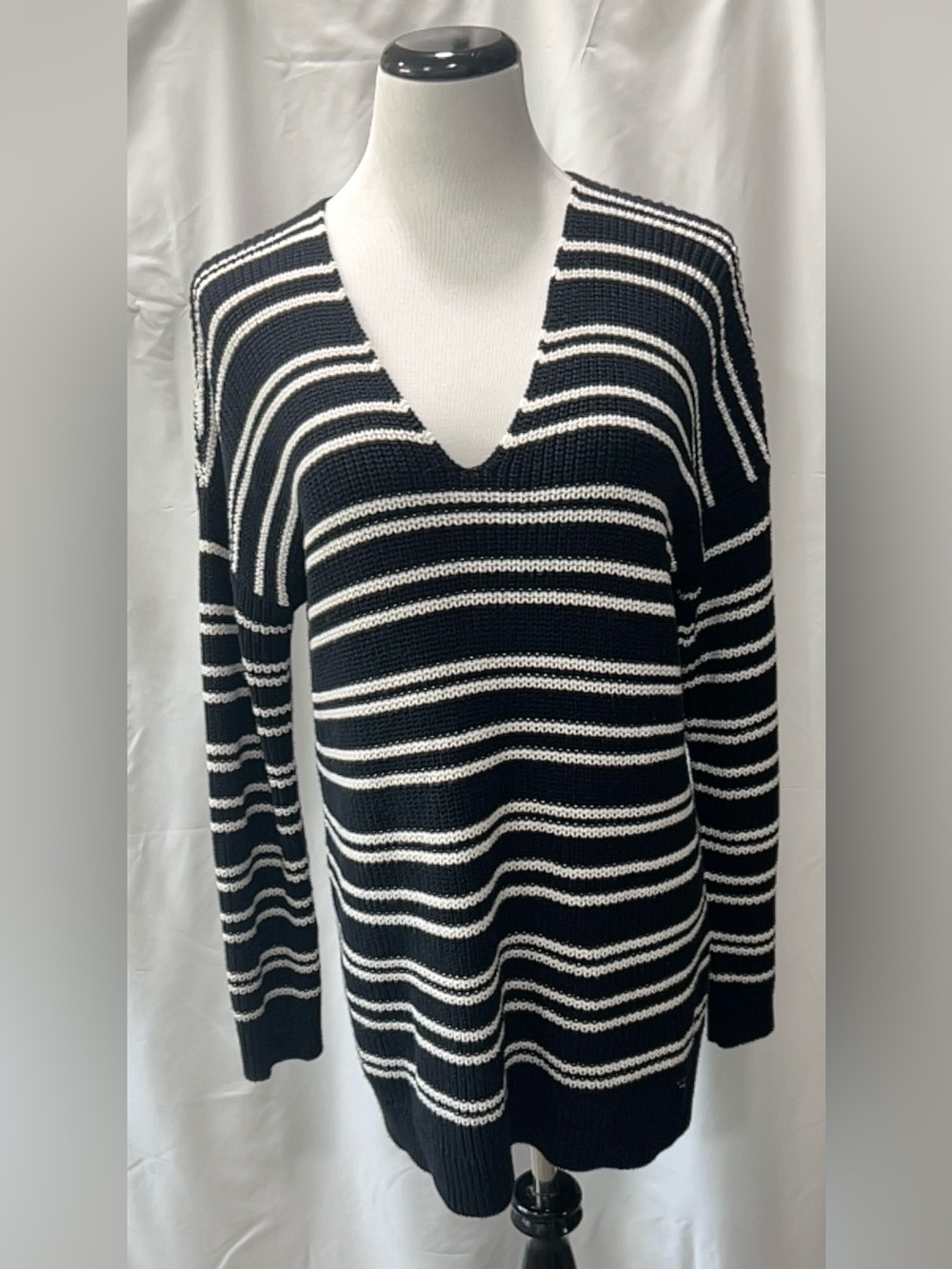 Superdry Black White Striped V Neck Long Sleeve Knit Sweater Womens US 8 UK 12